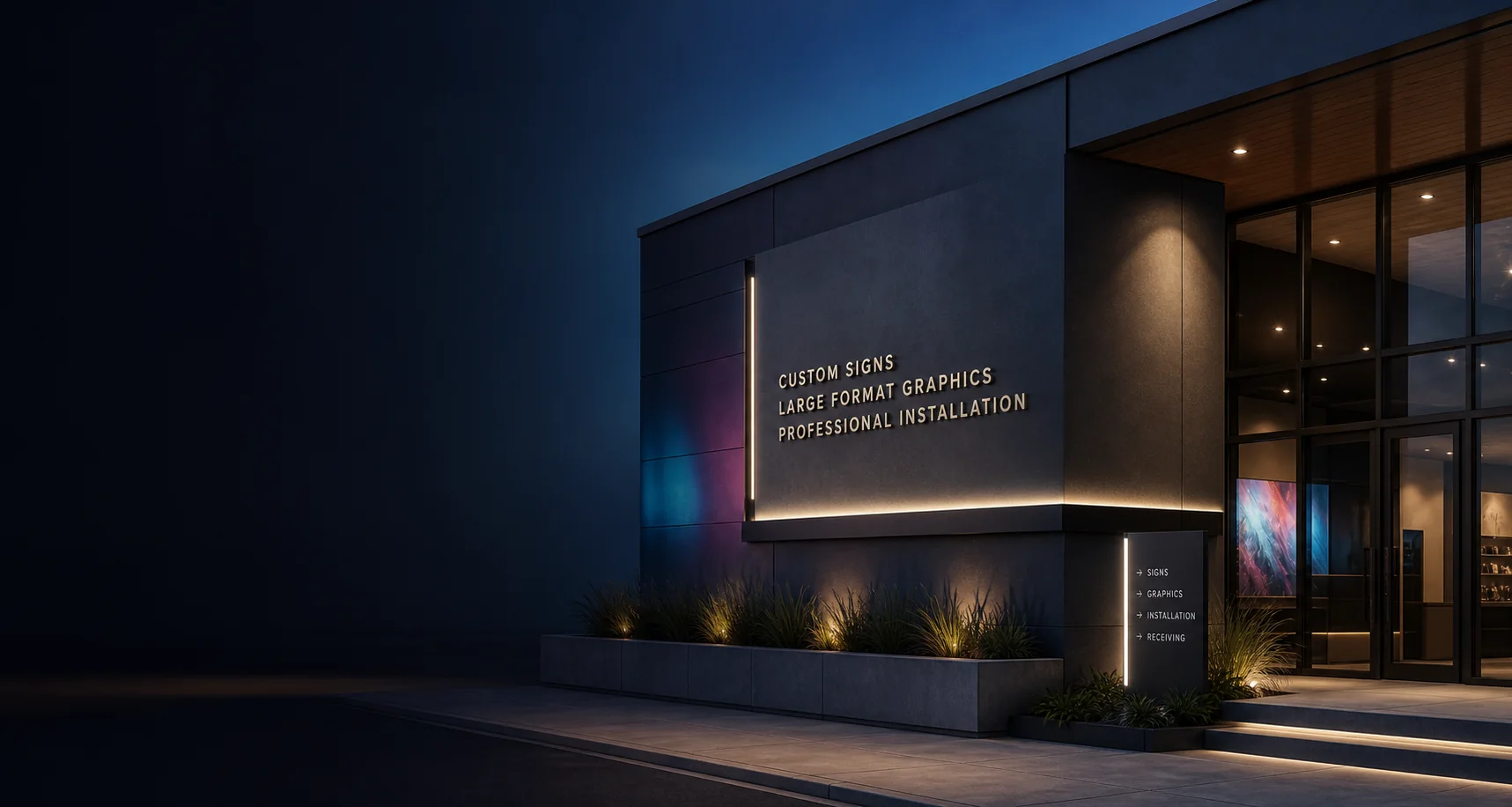 Custom exterior signs and architectural graphics on a contemporary commercial building