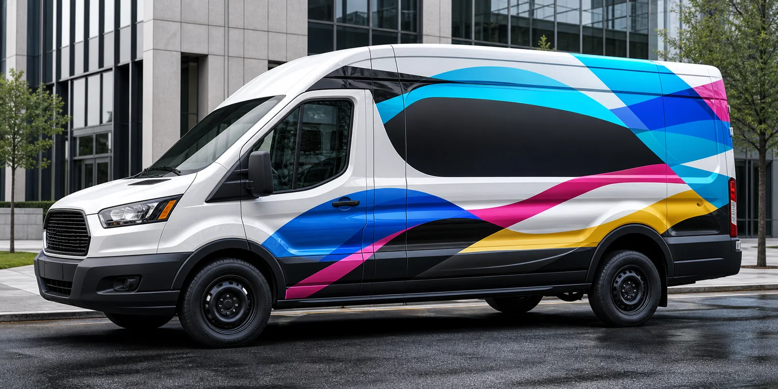 Commercial van with a bold custom fleet wrap
