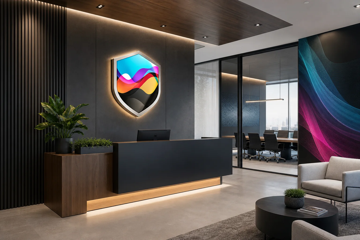 Dimensional brand mark and environmental graphics in a modern reception space
